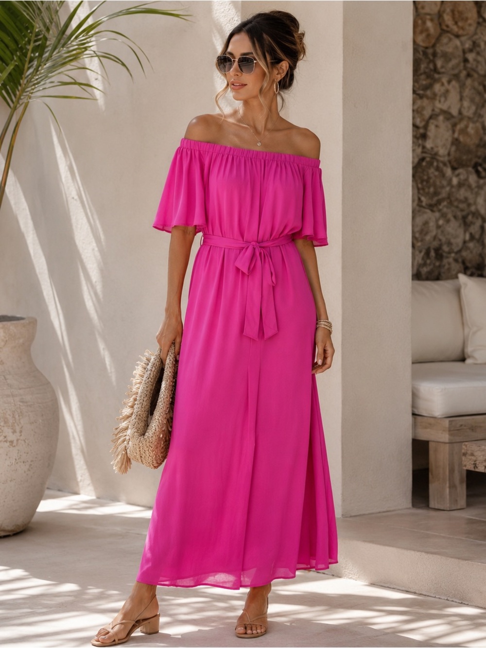 NWT TRINA TURK San Onofre Off-Shoulder Chiffon Flutter Sleeve Maxi Dress LARGE